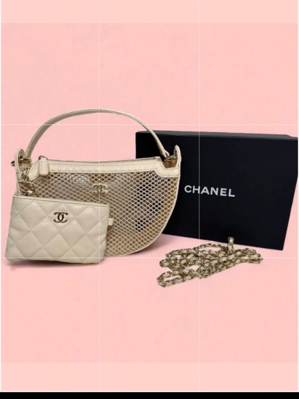GWP- CHANEL Cream  Quilted & Mesh Shoulder Bag with Gold Accents